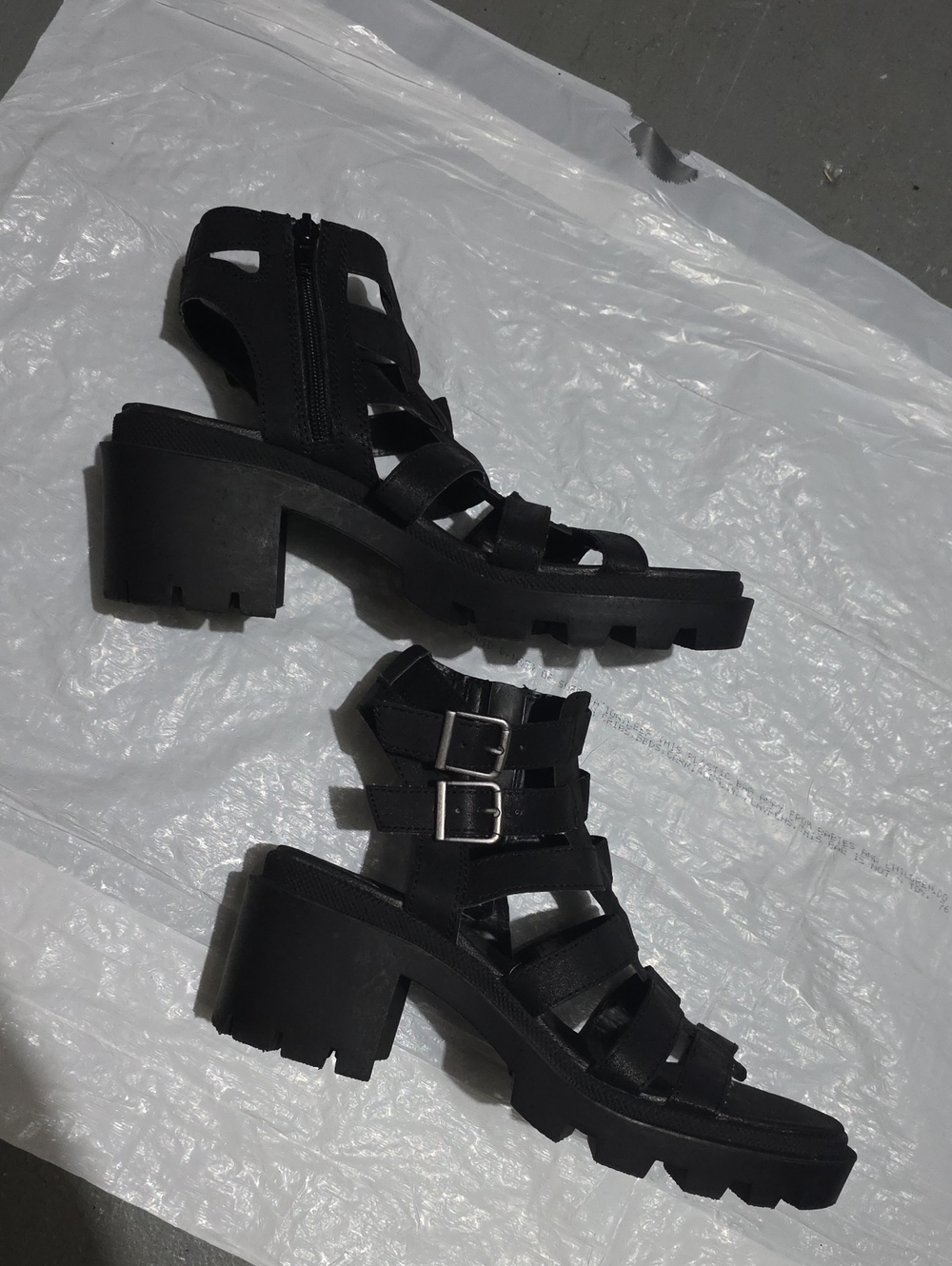 Black Strappy Lug-Heel Sandals - Women's